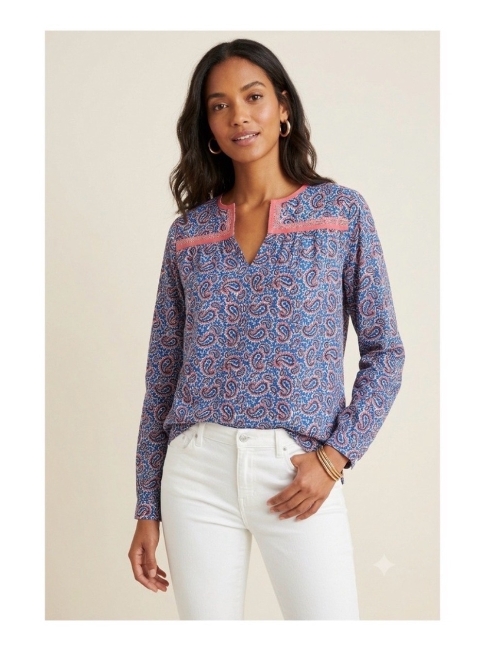 NWT J.Crew Paisley Split-Neck Long Sleeve Cotton Top in Blue and Pink